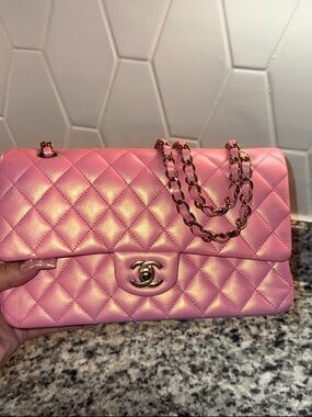 CHANEL Pink Quilted Flap Shoulder Bag with Gold Chain